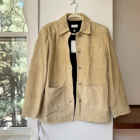 NWT Reformation Veda Lincoln Suede Shirt Jacket in Oat Distressed Tan Small - Picture 4 of 16